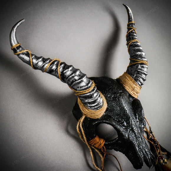 Antelope Devil Animal Skull with Silver Impala Horns Masquerade Mask - Black - Picture 7 of 10